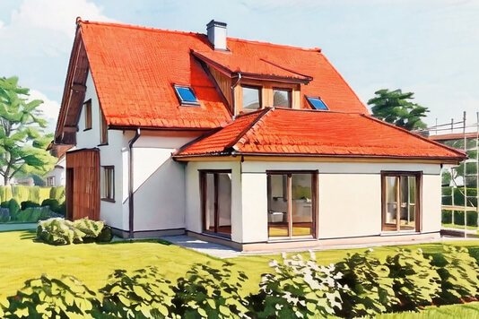 Auf dem Bild ist ein modernes Haus mit rotem Dach und einem schönen Garten zu sehen.
