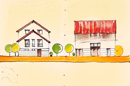 Das Bild zeigt eine künstlerische Darstellung von zwei verschiedenen Häusern, umgeben von einfachen Bäumen und einer orangefarbigen Fläche im Vordergrund.