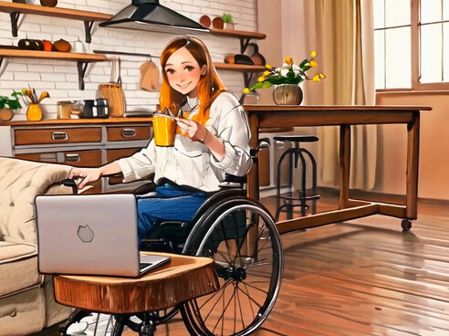 Auf dem Bild ist eine lächelnde Person in einem Rollstuhl zu sehen, die mit einer Tasse in der Hand an einem Tisch sitzt, während ein Laptop vor ihr steht und ein Hund auf einem Sofa liegt.