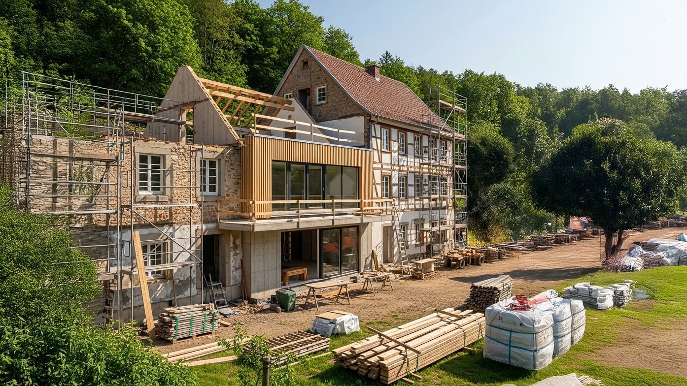 Auf dem Bild ist ein Gebäude im Bau zu sehen, das eine Kombination aus traditioneller und moderner Architektur zeigt, umgeben von Baugeräten und Materialien.