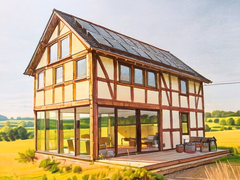 Auf dem Bild ist ein modernes Fachwerkhaus mit großen Glasfenstern und Solarplatten auf dem Dach in einer ländlichen Umgebung zu sehen.